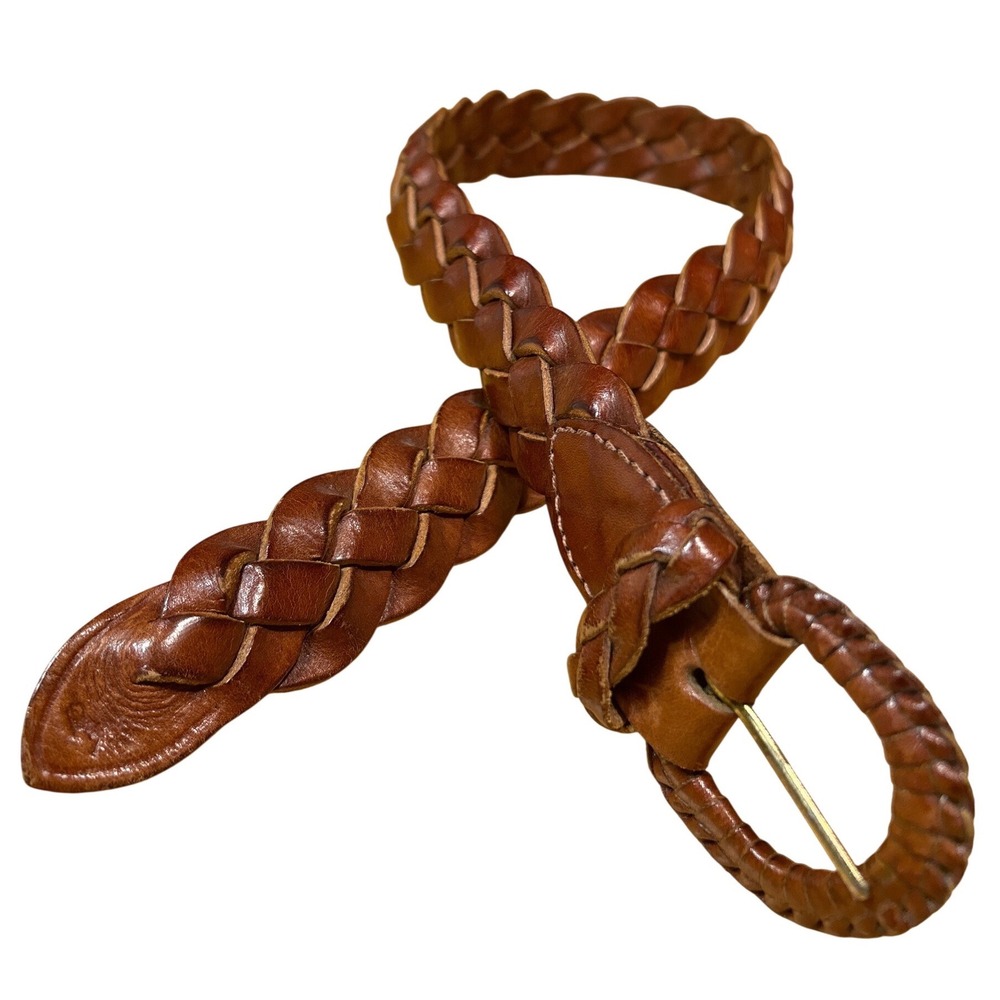 Vintage Braided‎ Leather Belt Brown Woven Made in England XS Boho Cognac